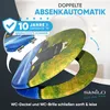 A toilet seat and lid with a cow image, with marketing text and warranty information. Produktbild-Vorschau
