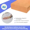 A close-up of an orange fitted sheet with a hand resting on a white surface, and marketing text and icons. Produktbild-Vorschau