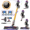 A collage of images showcasing a cordless vacuum cleaner and its accessories, with a digital display showing battery percentage. Produktbild-Vorschau