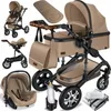 A collage of a beige and black 4-in-1 stroller system and its accessories, including a baby car seat, footmuff, changing bag, and bottle holder, displayed against a white background. Produktbild-Vorschau