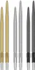 Six dart points are arranged in three pairs, each pair consisting of a shorter and a longer point. The pairs are colored gold, silver, and black. Voir les images du produit