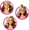 Three different styling options for a Barbie doll's head, showcasing different hairstyles and accessories. Produktbild-Vorschau