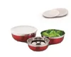 A set of three red stainless steel bowls with white lids, one of which contains lettuce. Produktbild-Vorschau