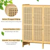 A close-up shot of a wooden cabinet with rattan doors, featuring descriptive text and illustrative graphics highlighting its features. Green leaves are present in the background. Podgląd zdjęcia produktu