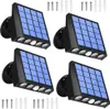 Four black solar-powered LED lights with blue solar panels are arranged in a grid on a white background. Several screws and wall anchors are also visible. Produktbild-Vorschau