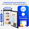 A refrigerator with its door open, showing its interior and some food items. Dimensions and features are highlighted with text overlays. Produktbild-Vorschau