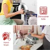 A collage showing a person placing a stainless steel bowl into a dishwasher and another person washing a stainless steel bowl in a sink. Produktbild-Vorschau