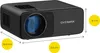 A black Overmax projector is shown from a diagonal angle on a white background, with yellow circles indicating dimensions. Voir les images du produit