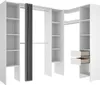 A white modular wardrobe system with shelves and drawers, partially obscured by a gray curtain. Produktbild-Vorschau