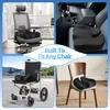 Collage showing a black seat cushion in different settings: on an office chair, in a car, in a wheelchair, and on a wooden chair. Produktbild-Vorschau