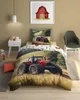 A bedroom scene with a bed featuring tractor-themed bedding, a nightstand, and a chair. Produktbild-Vorschau