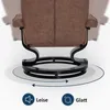 Close-up of the base of a brown recliner chair, showing its swivel mechanism and two icons with text. Voir les images du produit