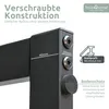 Close-up of a black metal profile with screws and measurement indicators, along with marketing text and a logo. Produktbild-Vorschau