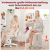 Two women are shown sitting on adjustable chairs, one at a vanity and the other at a bar, demonstrating the height adjustment range of the chairs. Náhled obrázku produktu
