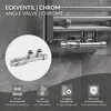 A close-up view of a chrome angle valve for a radiator, with text overlays and icons highlighting features. Produktbild-Vorschau