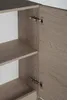 Close-up view of the interior of a wooden cabinet with shelves and hinges. Anteprima dell’immagine prodotto