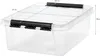 A clear, well-lit studio shot of a transparent storage box with black clasps, showing dimensions. Anteprima dell’immagine prodotto