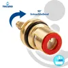 A close-up of a brass faucet cartridge with red and black seals, against a white background with graphic elements. Produktbild-Vorschau