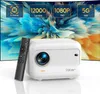 A white projector and its remote control are displayed in front of a colorful, abstract background, with feature callouts at the top. Produktbild-Vorschau