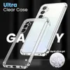 A clear phone case is shown in front of a phone, with text overlays highlighting features. Produktbild-Vorschau