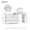 A diagram showing the dimensions of a white vanity table with a lighted mirror and drawers. Anteprima dell’immagine prodotto
