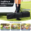 A person carrying a black bag, with three smaller images showing different uses of a pavilion. Produktbild-Vorschau