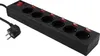 A black power strip with six outlets and individual red switches, along with its plug, is shown against a white background. Produktbild-Vorschau