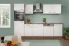 A modern kitchen setup with white cabinets and a wooden base. Produktbild-Vorschau