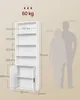 A diagram showing the dimensions and capacity of a white bookshelf, with silhouette figures for scale. Náhled obrázku produktu