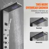 A shower panel system with multiple spray functions and a digital display, shown in a bathroom setting with illustrative insets highlighting different spray modes. Náhľad obrázku produktu