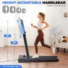 A woman is running on a treadmill indoors, with text overlays highlighting features. Náhled obrázku produktu