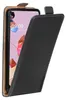 A black flip case for a smartphone is shown partially open, revealing the phone screen. Produktbild-Vorschau