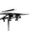 A close-up view of the underside of a white mobile desk or laptop stand, showing the adjustable height mechanism and clamps. Produktbild-Vorschau