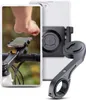 A collage showing a smartphone mounted on a bicycle handlebar and a separate view of the mounting system. Produktbild-Vorschau