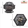 Two views of a hexagonal fire pit with dimensions indicated. Anteprima dell’immagine prodotto
