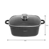 A black roasting pan with a glass lid and handles, shown from the side with dimensions indicated. Produktbild-Vorschau