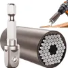 A universal socket wrench set and a drill bit adapter are shown against a white background. A smaller inset image shows the socket wrench being used with a drill on a piece of wood. Produktbild-Vorschau
