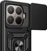 Close-up of a black smartphone case with a sliding camera cover and a ring holder. Produktbild-Vorschau