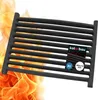 A black metal grate with flames in the background. There are labels on the grate. Produktbild-Vorschau
