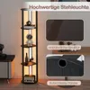 A floor lamp with shelves and integrated lighting, shown in a room setting with close-up insets highlighting material texture and base. Podgląd zdjęcia produktu