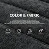 Close-up of a dark gray textured fabric, likely a bean bag chair, with overlaid text and icons describing its features. Produktbild-Vorschau