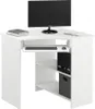 A white corner computer desk with a monitor, keyboard, mouse, and storage shelves. Anteprima dell’immagine prodotto