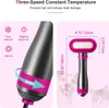 A split image showing a pet grooming tool and its dimensions, with illustrations of different air settings. Produktbild-Vorschau