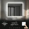 A bathroom scene featuring a lit mirror above a sink, with text overlays describing product features. Produktbild-Vorschau