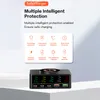 A marketing image showing a multi-port charging station with a wireless charging pad on top, and text highlighting its safety features. Produktbild-Vorschau