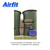 Two green water barrels are shown, with a close-up detail of a connection fitting highlighted by red circles. A blue watering can with the brand name 'Airfit' is placed in front of the barrels. Náhľad obrázku produktu