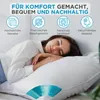 A woman sleeping peacefully on a pillow, with marketing icons and text overlayed. Produktbild-Vorschau