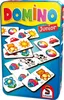A tin box for a Domino Junior game, showing various domino tiles with colorful illustrations of animals, toys, and nature elements. Produktbild-Vorschau