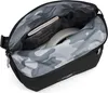 An open black bag with a camouflage lining, showing its internal compartments. Voir les images du produit