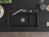 A top-down view of a black granite kitchen sink with a chrome faucet and drain. Produktbild-Vorschau